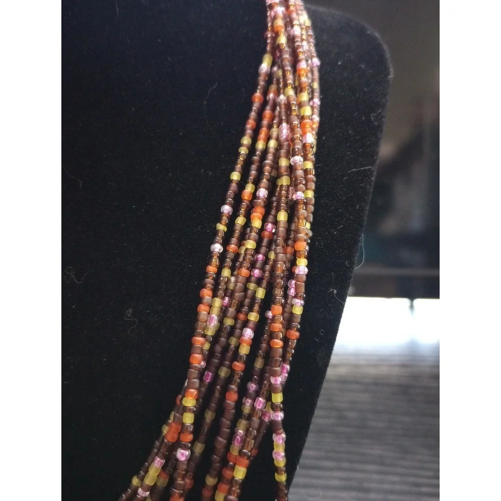 Handmade Multi Strand Seed Bead Necklace Brown Amber Pink Boho Statement Layered